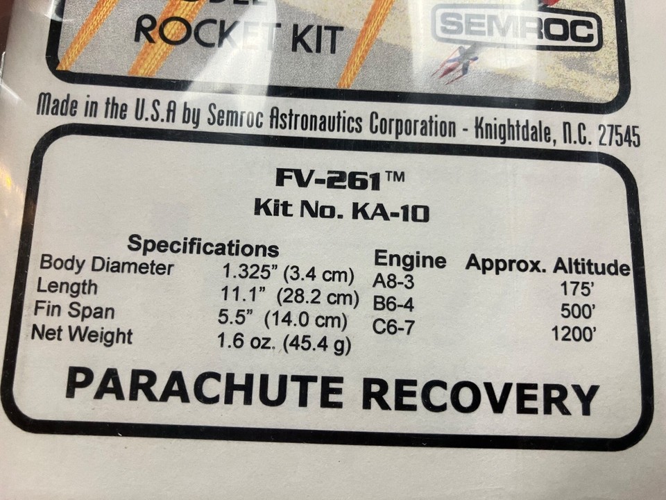 SEMROC VF -261 FLYING MODEL ROCKET KIT - SEALED, RARE, ORIGINAL