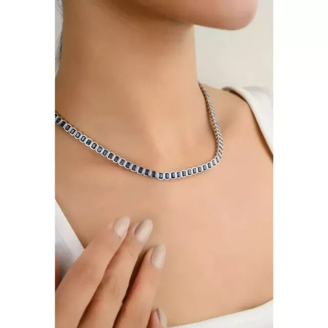 17Ct Asscher Cut Lab-Created Blue Sapphire Tennis Necklace 14k WhGold Plated 18”
