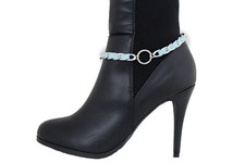 Women Western Boot Silver Metal Chain Ring Shoe Charm Turquoise Suede Fabric