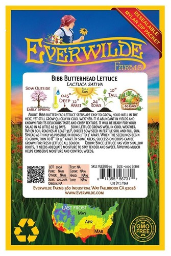 1000 Bibb Butterhead Lettuce Seeds - Everwilde Farms Mylar Seed Packet - Picture 2 of 3