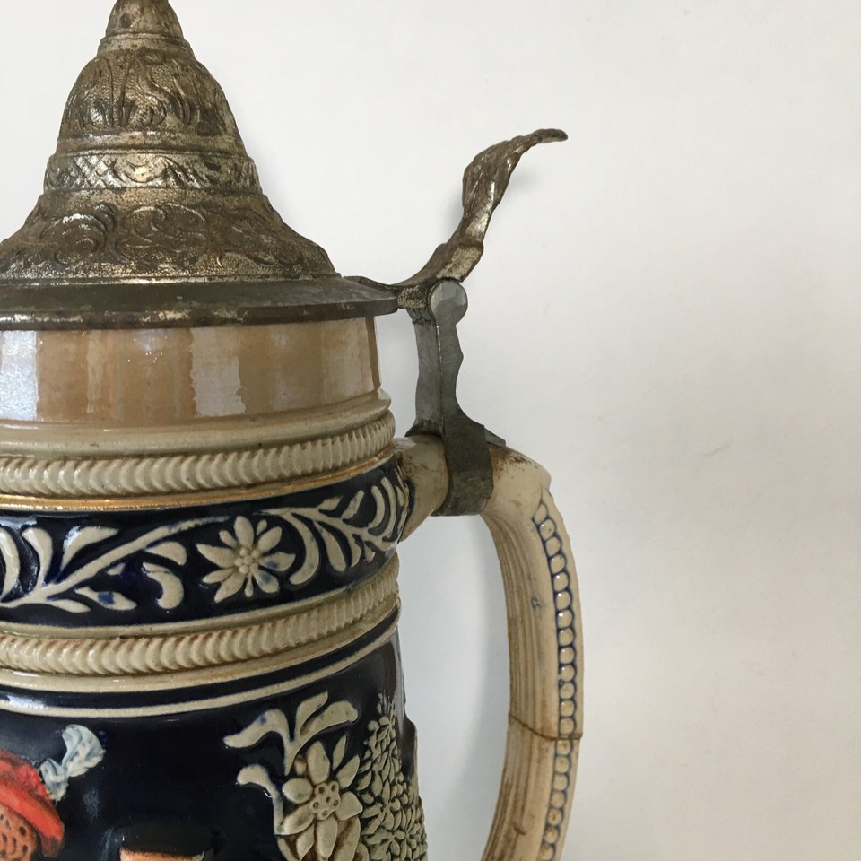 15” Vintage German Beer Stein Going Hunting with Pewter Lid Marked DBGM