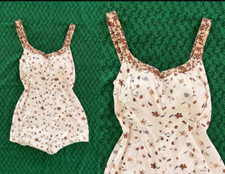 1950s Jantzen Brown and Cream floral motif mailot swimsuit w/ adjustable straps