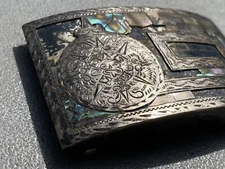 vtg EGO mexican calendar sterling silver belt buckle missing most abalone pieces