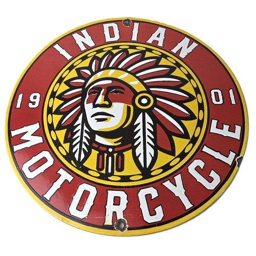 Vintage Indian Porcelain Sign - Chief Headdress Motorcycle Logo Sign