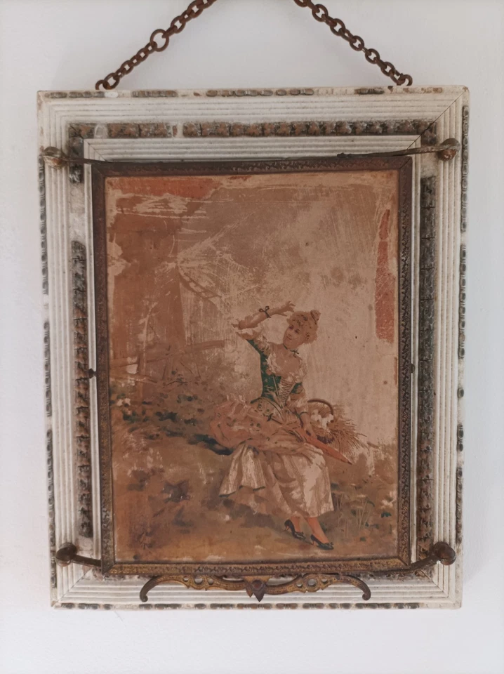 ancien miroir glace triptyque decor cadre Laiton bois 19eme a restaurer - Photo 2/4