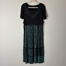 Carole Little Dress Womens 12P Black Teal Maxi Boho Embroidered Floral Rayon Tie