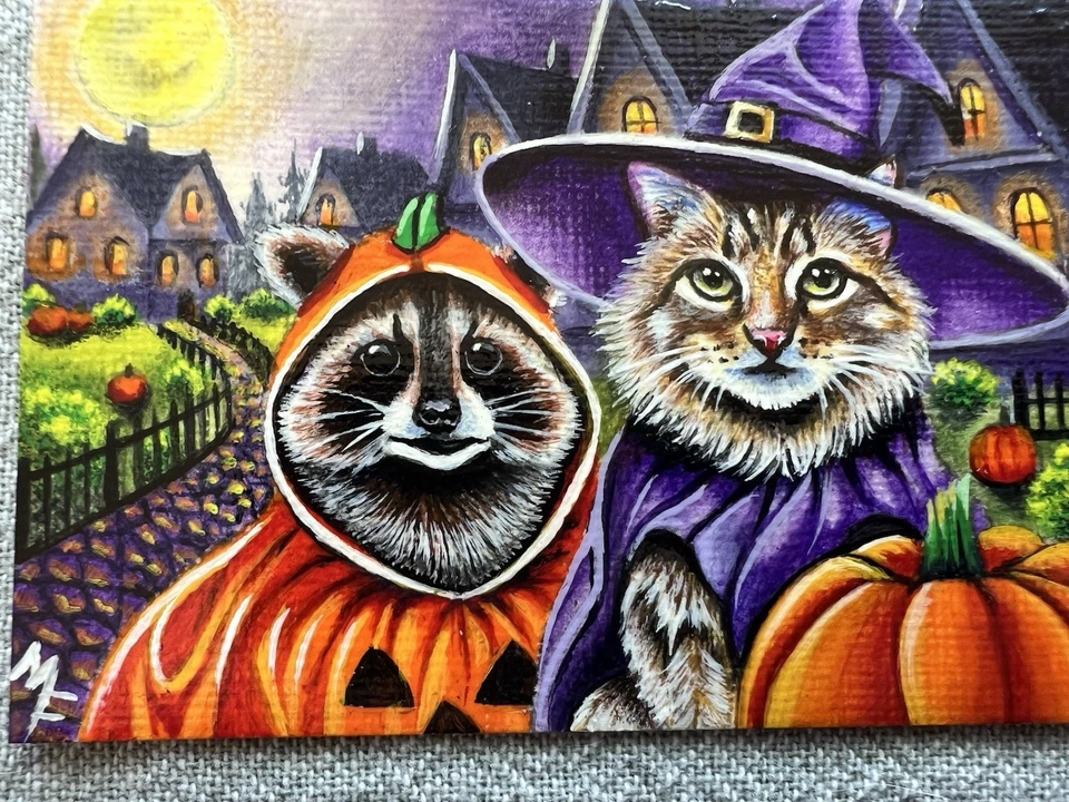 ACEO ORIGINAL Raccoon, Cat “Trick or Treat” Artist, M. Frost 2024 Acrylic - Image 3 of 4