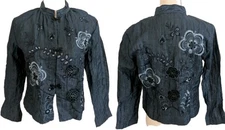 Citron Santa Monica Linen Nylon Jacket Top Blue Crinkle Embroidered PS Small