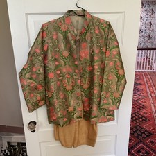 Handmade Men s Pakistani Kurta Set 2pc Silk Brocade Green Floral M