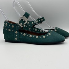 Free People Mystic Mary Jane Flats Green Suede Silver Tone Studs Size 6
