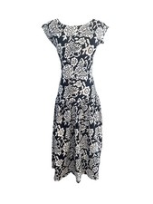 VTG Adrienne Vittadini Navy White Floral Midi Dress Boho Cottagecore Medium