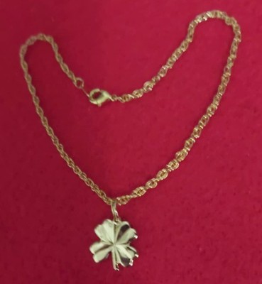 MENS 14KT GOLD PLATED FOUR LEAF CLOVER CHARM WITH OPEN ROPE CHAIN ANKLET - A2