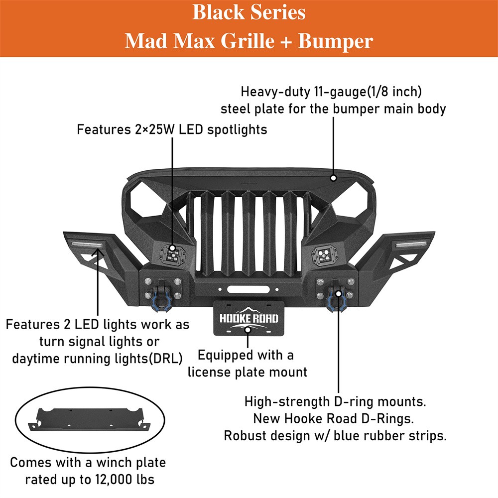 Hooke Road Mad Max Grille & Front Bumper For 2007-2018 Jeep Wrangler JK
