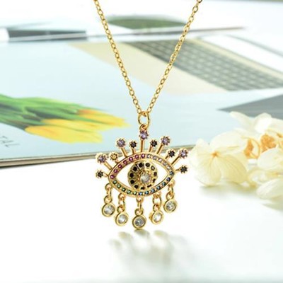High End Golden Drops Round Zirconia Evil Eye Stainless-Steel Necklace