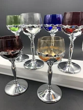 SET OF 6 Vtg. Farber Bros Krome Kraft Multi-Colored Cambridge Glass Clarets