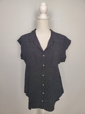 Jachs Girlfriend Black Button Up Top White Micro Heart Print Women's Size Small
