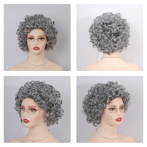Old Lady Cosplay Grandma gray wig cane glasses chain necklace 100th day school - Picture 11 of 24