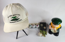 Lot of Golf items Balls, Hat, Frog, and Boy Scout clock