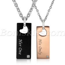 2pcs Couples His Only/Her One Stainless Steel CZ Tag Heart Pendant Necklace Gift