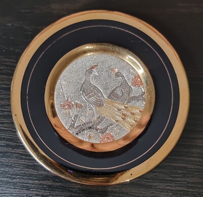 Vintage Chokin 24K Gold Kunst Pfau Teller - seltenes außermittiges Stück - Made in Japan 