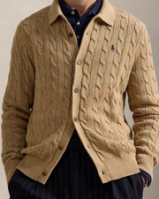 NWT POLO Ralph Lauren Camel Cable Knit Collared Cardigan Sweater Cotton Small S