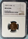 1909-S VDB Lincoln Cent Key Date NGC MS62 BN Brown — 484,000 Minted