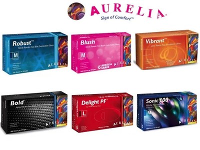 Karton mit 100/200 Premium Aurelia Einweghandschuhen Nitril/Latex/Vinyl puderfrei