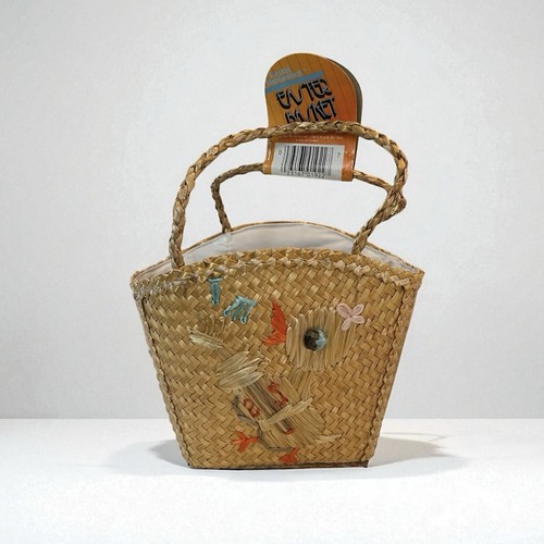 Cesta de Pascua tejida vintage y estatuilla de conejito de cerámica azul retro Pascua - Imagen 3 de 12