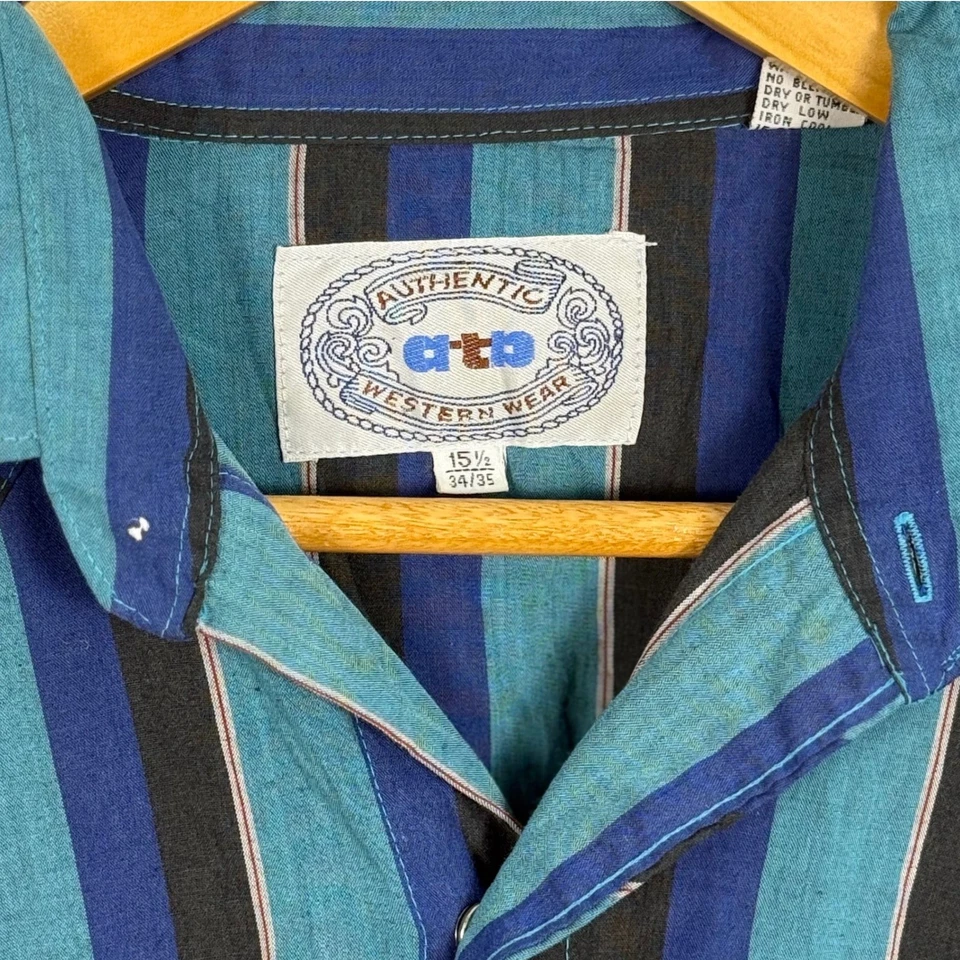 Vintage 80s Pearl Snap Western Button Down Shirt Cowboy X-Long Blue Stripe 15.5 - Image 2 of 4