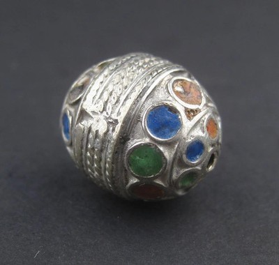 Multicolor Enamel Berber Bead Set of 2 20mm Morocco African Oval White Metal