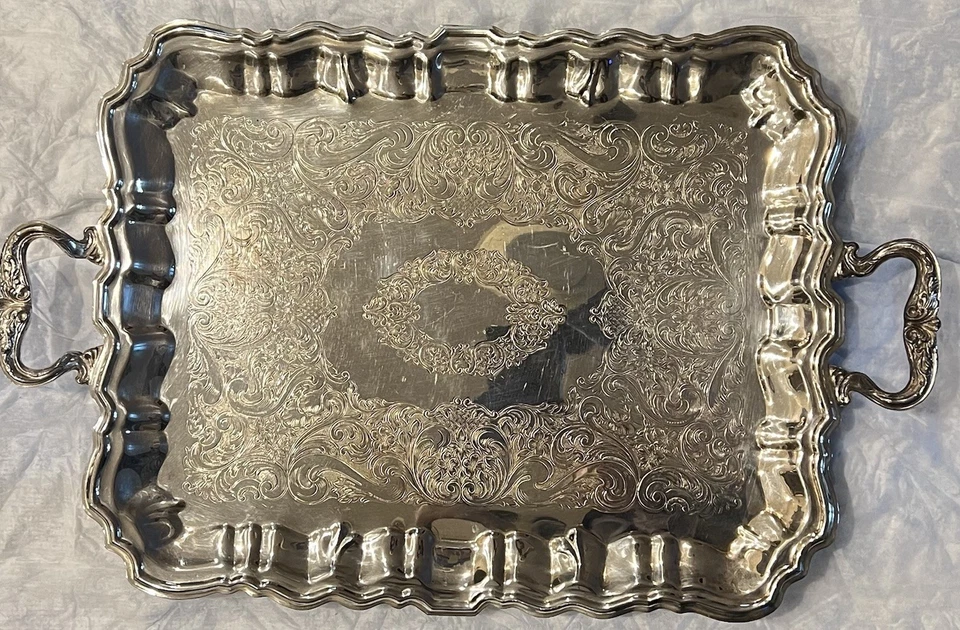 Vintage Sheridan Silver Plated Butler Serving Tray 22x 15" Footed Ornate - Image 4 of 4