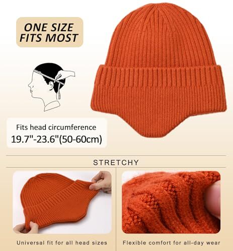 HiRui Knitted Slouchy Beanie - Warm Winter Hat With Ear Coverage, Unisex, Orange, One Size Fits All