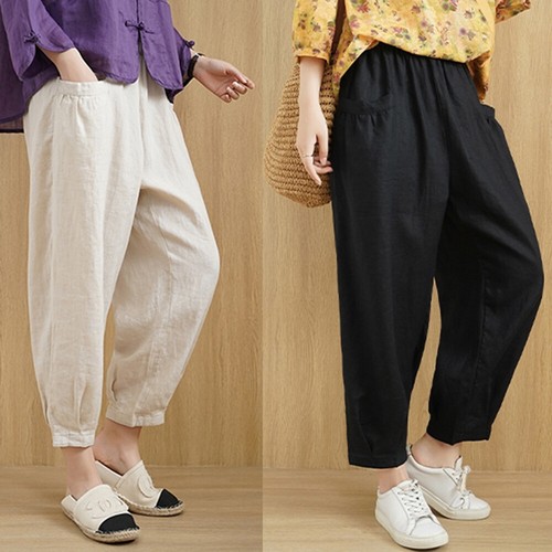 Ladies Linen Cotton Crop Pants Loose 
