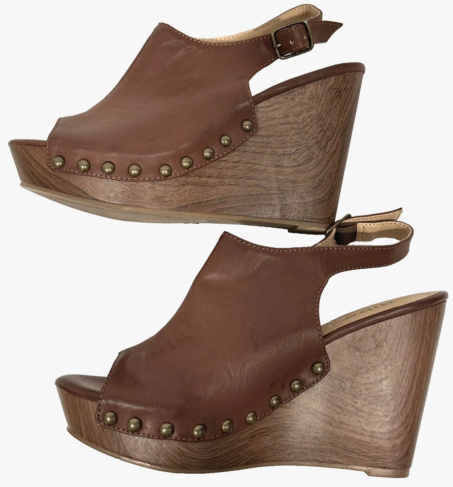 Diba Platform Wedge Sandals Heels Peep Toe Sling Back Brown Studded Women Sz 7.5 - Image 2 of 4