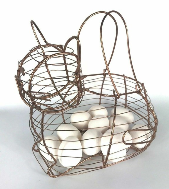 Vintage Copper Metal Wire Cat Shape Egg Basket French Country Decor