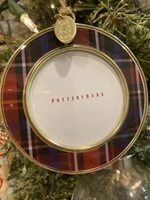 2023 Pottery Barn CHRISTMAS TREE Plaid ENAMEL FRAME ORNAMENT Photo CIRCLE Round