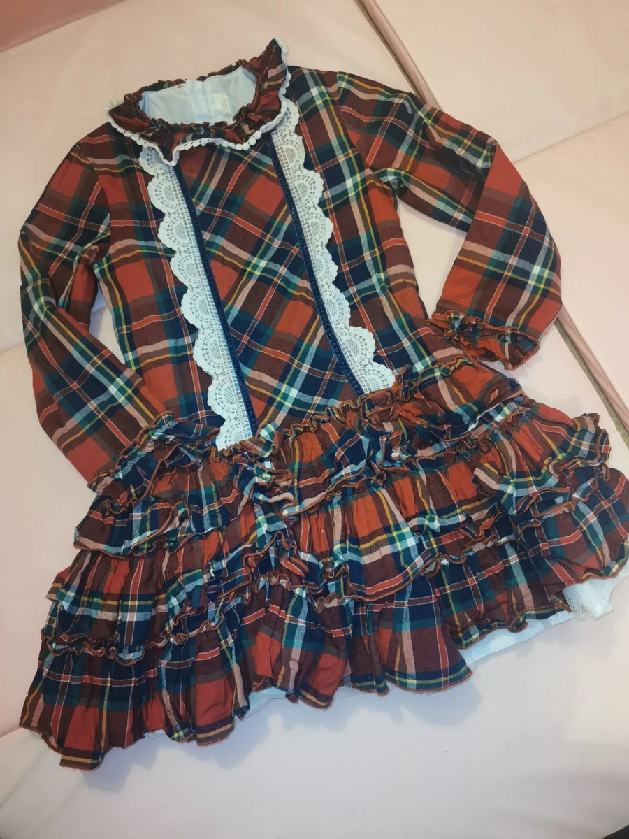 Spanish red tartan Designer Dolce Petit Girls dress romany frill