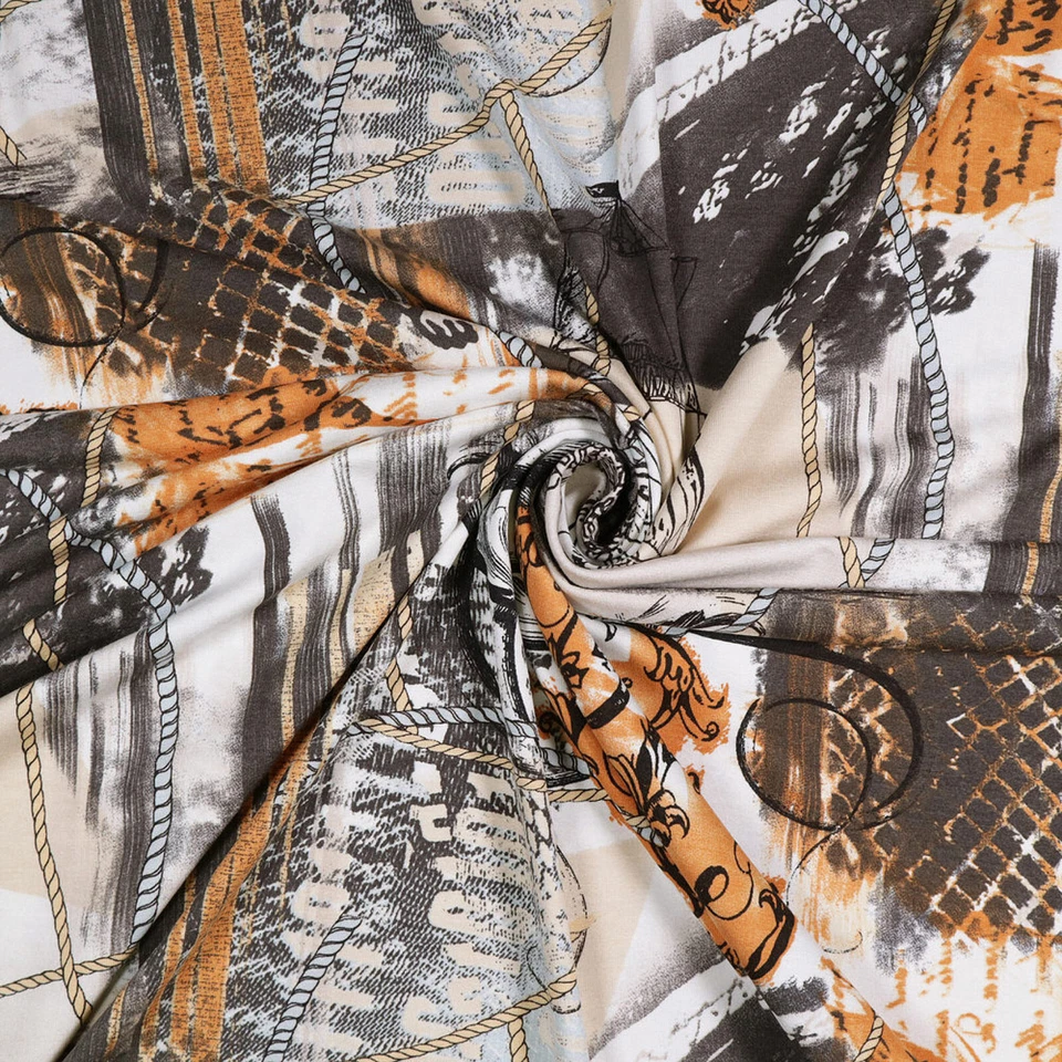 Stoff Viskose Jersey Abstrakt Ornamente Schiffe braun beige weiß orange schwarz - Bild 3 von 4