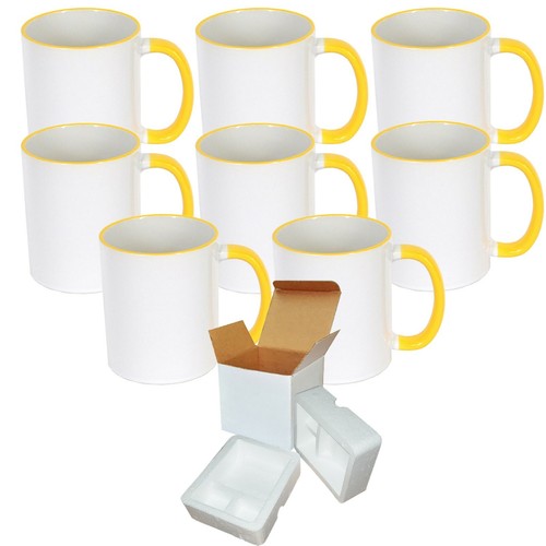 8 Pcs 11 oz YELLOW Blank Sublimation Coffee Mugs Rim Handle Mugs + Foam Boxes - Picture 3 of 4