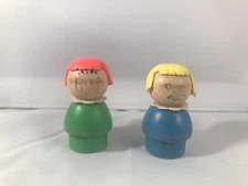 Vintage Fisher Price Little People Wood Lot Of 2 Blue Girl Green Girl.