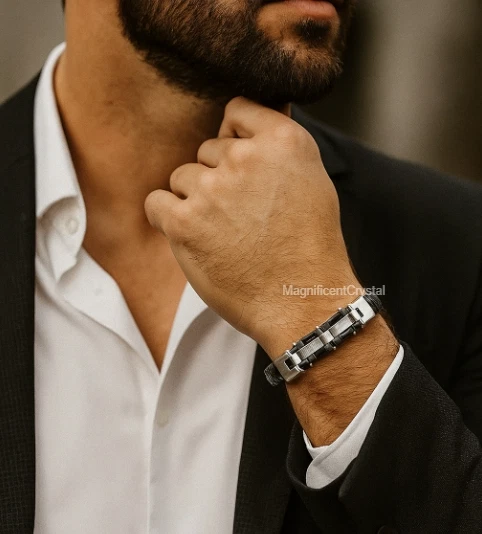 Black Braided Leather Silver Stainless Steel Cuban Link Bracelet Business Men - Image 3 of 4