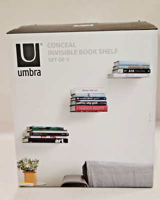 NEW 15 lb Umbra Conceal Invisible Bookshelf Set of 3 Floating Wall Mount 5X5X5.5