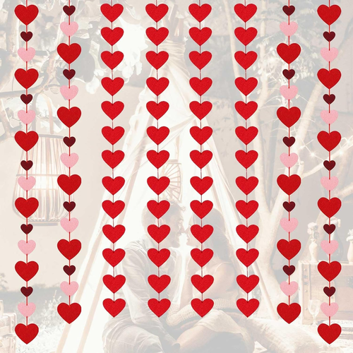 Valentine's Day Felt Heart Garland - 8 Pack Red & Pink Hanging Decor