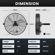 20 Inch High Velocity Wall Mount Fan with Rack 3 Speed Metal Ventilation Fan