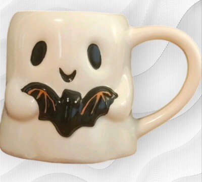 Halloween Ghost Mug - Cute Ceramic Coffee Cup with Bat - Spooky Season Decor