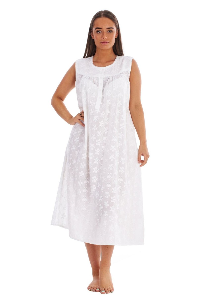 Women Victorian Designer Nightdress White Sleeveless Pure 100
