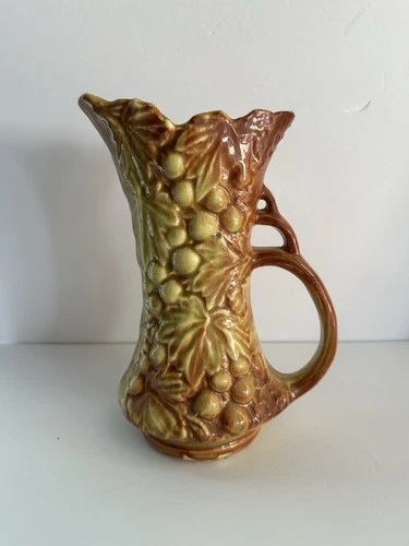 Vintage McCoy Pottery USA Yellow Ceramic Ewer Pitcher 3D GRAPE & LEAF Pattern