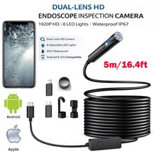 Snake Endoscope Borescope Inspection Camera 1920 HD Dual Lens For iPhone Android
