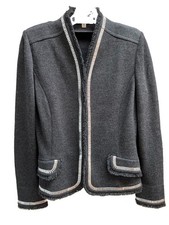 ST JOHN COLLECTION Gray Silver Studded Fringe Trim Knit Blazer Jacket Size 6