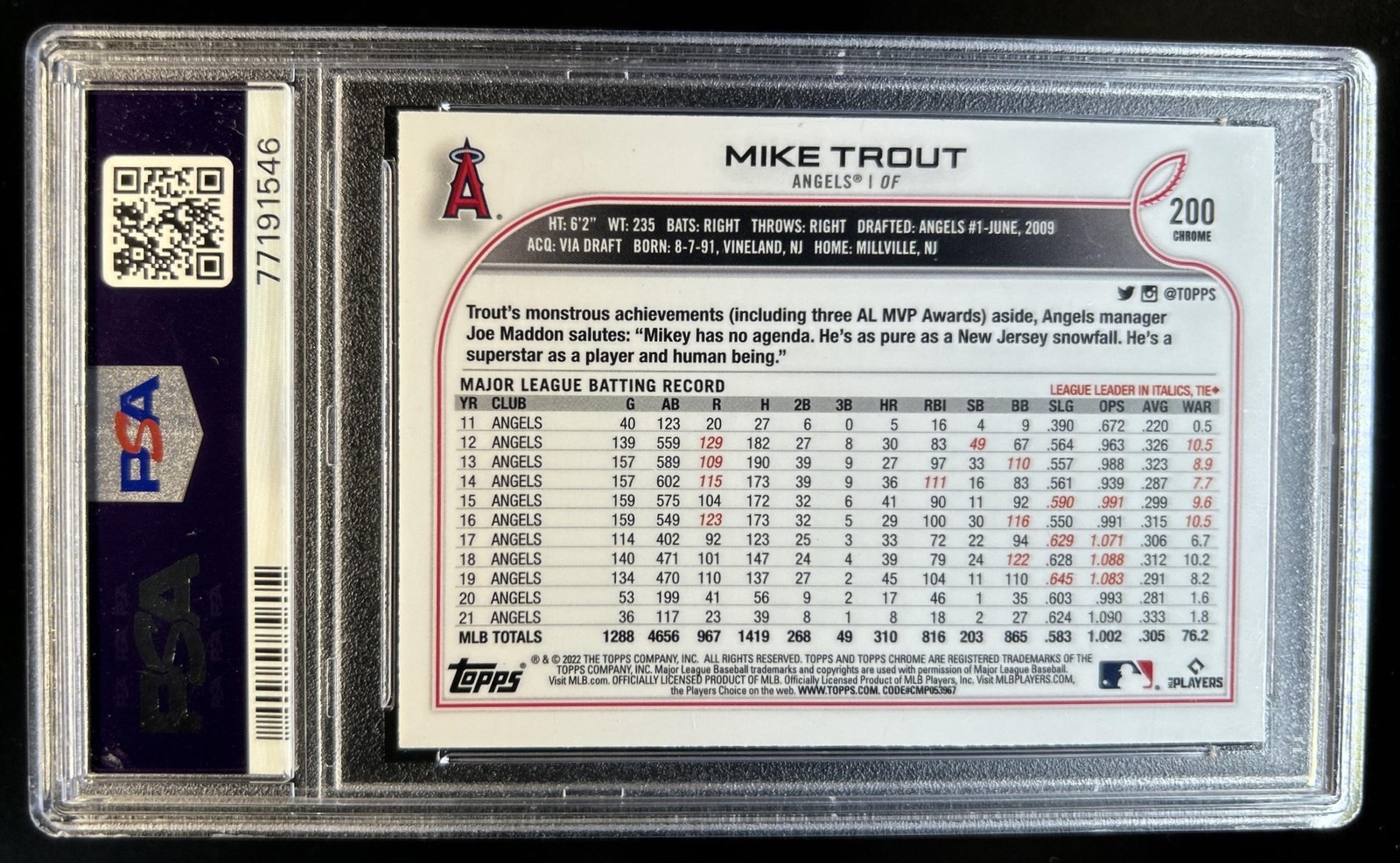 2022 Topps Chrome Mike Trout Refractor X-Fractor #200 Angels PSA 10 GEM MINT view 2